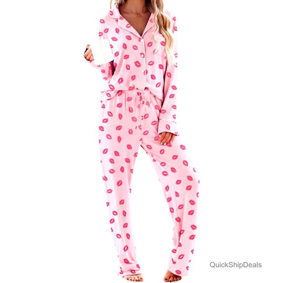 Soft Knit Long Sleeve Button Down Pajama Set Lounge Sleepwear